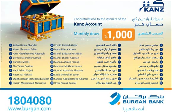 Burgan Bank Announces the Names of the Monthly Draw Winners of Kanz Account.