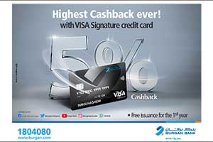 Burgan Bank Rewards its Customers with the Highest Assured Cash Back of 5% When Using Visa Signature Credit Card