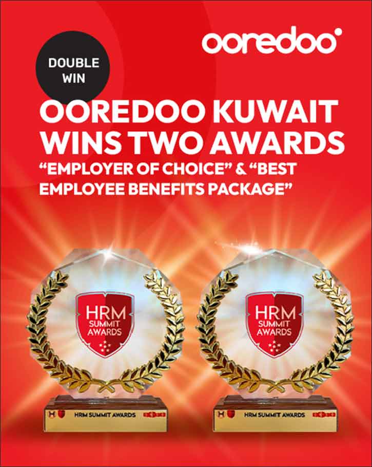 Ooredoo Kuwait Wins Two Prestigious HRM Awards: Employer of Choice & Best Employee Benefits Package